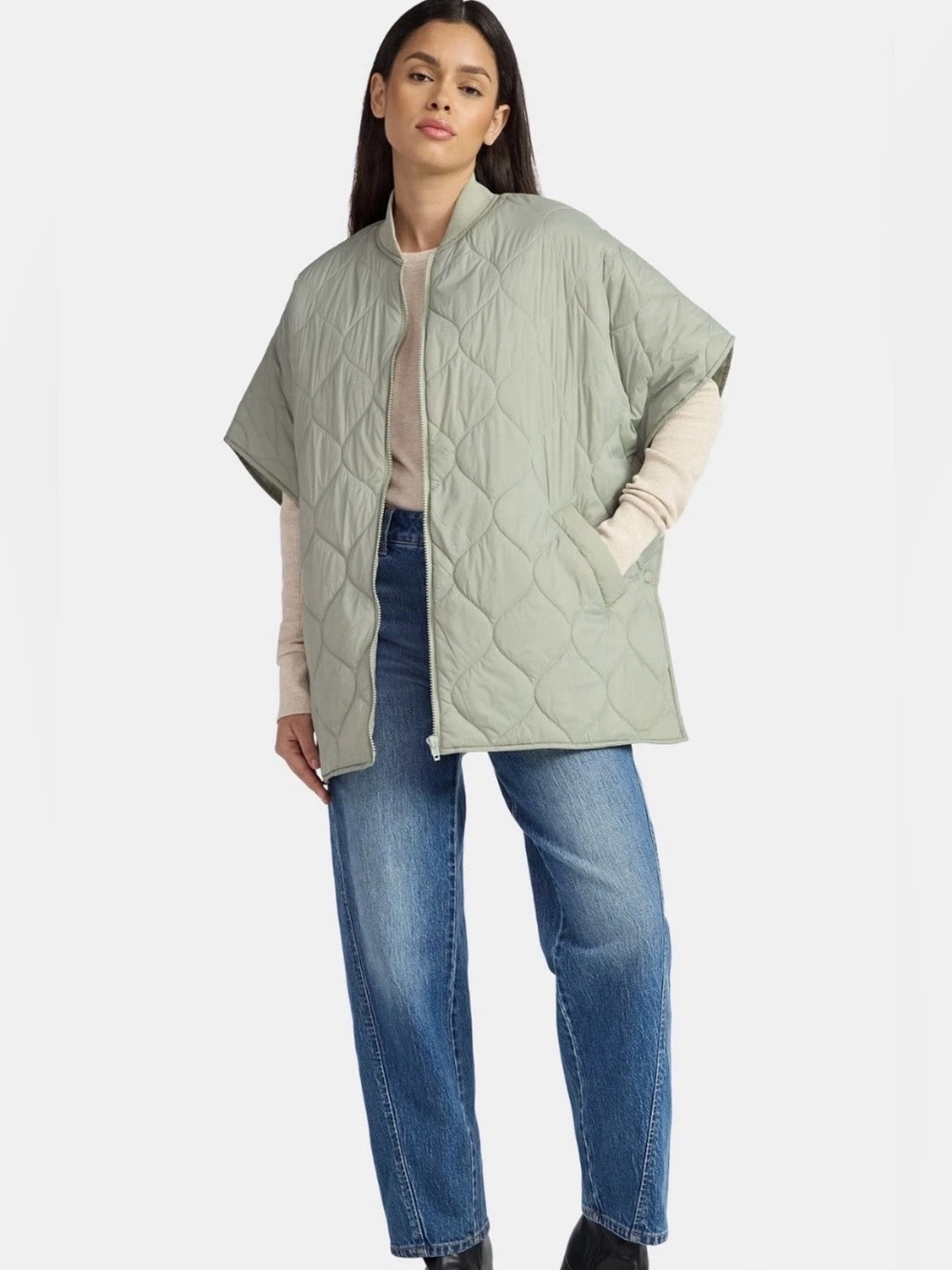 NWT Time and Tru Green Quilted Cape Puffer Poncho Jacket with Free Hat - Picture 2 of 8